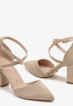 Ciemnobeżowe Brokatowe Czółenka na Słupku ze Skórzaną Wkładką i Ozdobnymi Paskami Leaniria