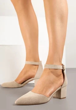 Ciemnobeżowe Czółenka na Słupku Vices ze Skórzaną Wkładką i Paskiem przy Kostce Nurilora