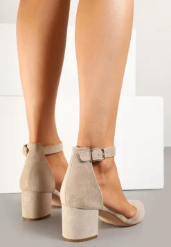 Ciemnobeżowe Czółenka na Słupku Vices ze Skórzaną Wkładką i Paskiem przy Kostce Nurilora