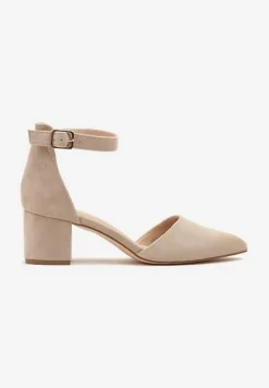 Ciemnobeżowe Czółenka na Słupku Vices ze Skórzaną Wkładką i Paskiem przy Kostce Nurilora