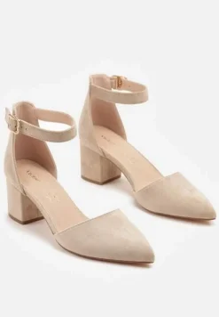 Ciemnobeżowe Czółenka na Słupku Vices ze Skórzaną Wkładką i Paskiem przy Kostce Nurilora