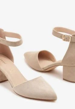 Ciemnobeżowe Czółenka na Słupku Vices ze Skórzaną Wkładką i Paskiem przy Kostce Nurilora