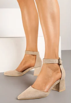 Ciemnobeżowe Czółenka na Słupku Vices ze Skórzaną Wkładką i Paskiem Wokół Kostki Eveliri