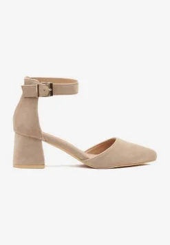 Ciemnobeżowe Czółenka na Słupku Vices ze Skórzaną Wkładką i Paskiem Wokół Kostki Eveliri