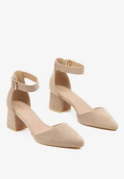 Ciemnobeżowe Czółenka na Słupku Vices ze Skórzaną Wkładką i Paskiem Wokół Kostki Eveliri