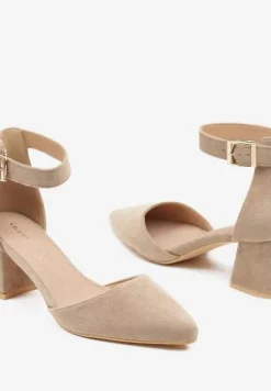 Ciemnobeżowe Czółenka na Słupku Vices ze Skórzaną Wkładką i Paskiem Wokół Kostki Eveliri