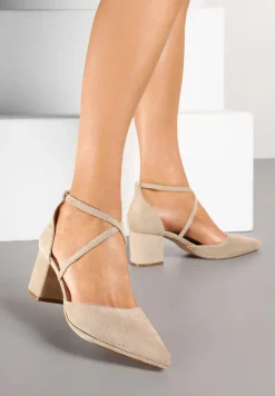 Ciemnobeżowe Czółenka Vices na Słupku z Wkładką ze Skóry Naturalnej i Ozdobnymi Paskami Lizzetta