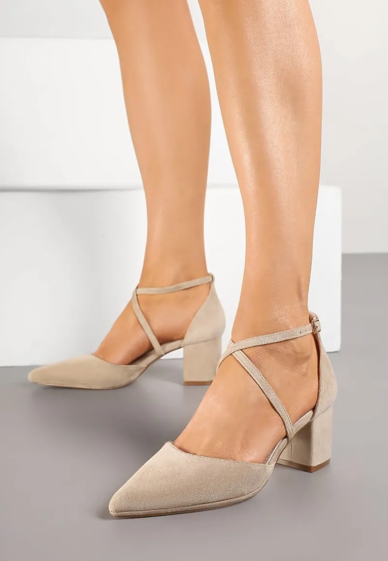 Ciemnobeżowe Czółenka Vices na Słupku z Wkładką ze Skóry Naturalnej i Ozdobnymi Paskami Lizzetta