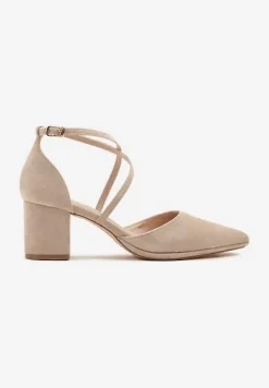 Ciemnobeżowe Czółenka Vices na Słupku z Wkładką ze Skóry Naturalnej i Ozdobnymi Paskami Lizzetta