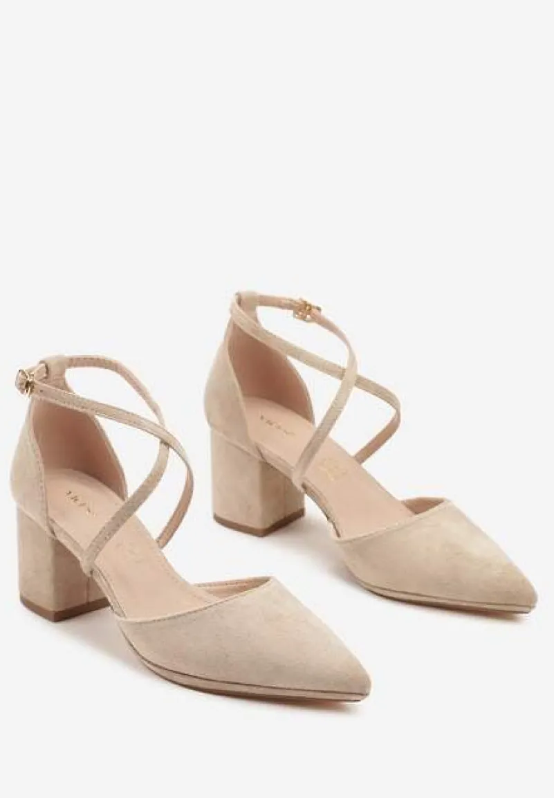 Ciemnobeżowe Czółenka Vices na Słupku z Wkładką ze Skóry Naturalnej i Ozdobnymi Paskami Lizzetta