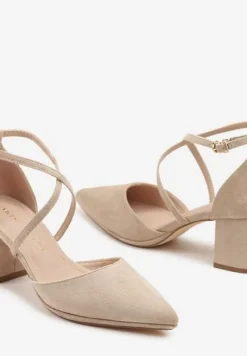 Ciemnobeżowe Czółenka Vices na Słupku z Wkładką ze Skóry Naturalnej i Ozdobnymi Paskami Lizzetta