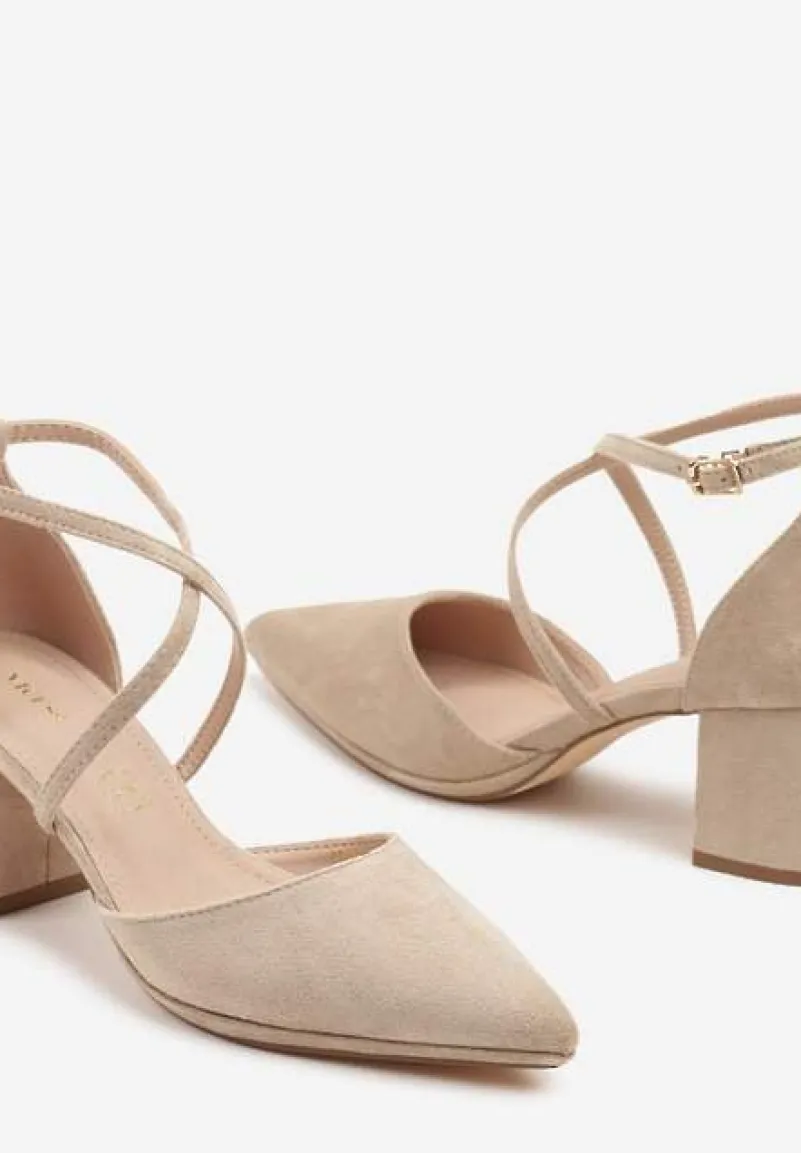 Ciemnobeżowe Czółenka Vices na Słupku z Wkładką ze Skóry Naturalnej i Ozdobnymi Paskami Lizzetta