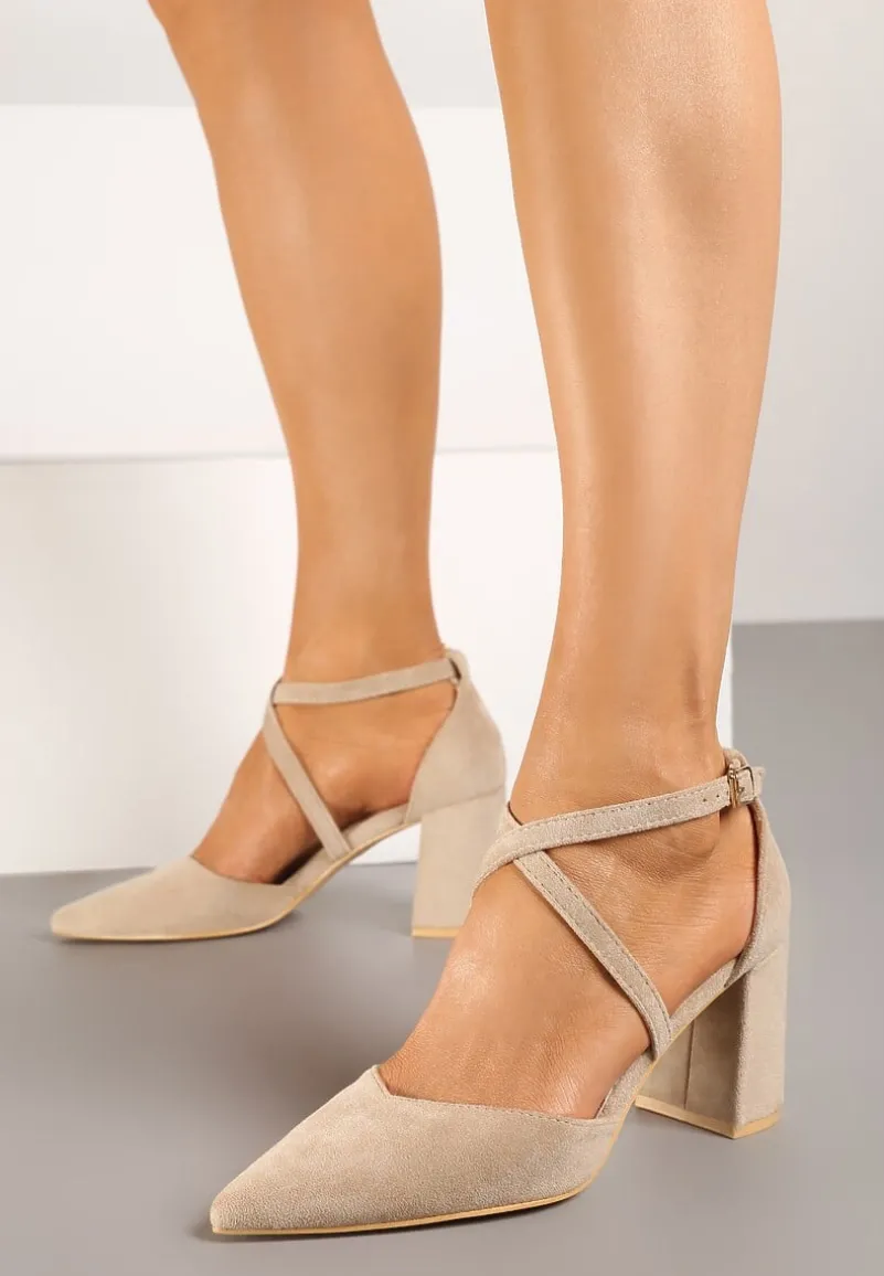 Ciemnobeżowe Czółenka Vices na Słupku ze Skórzaną Wkładką Ozdobione Paskami Learelia