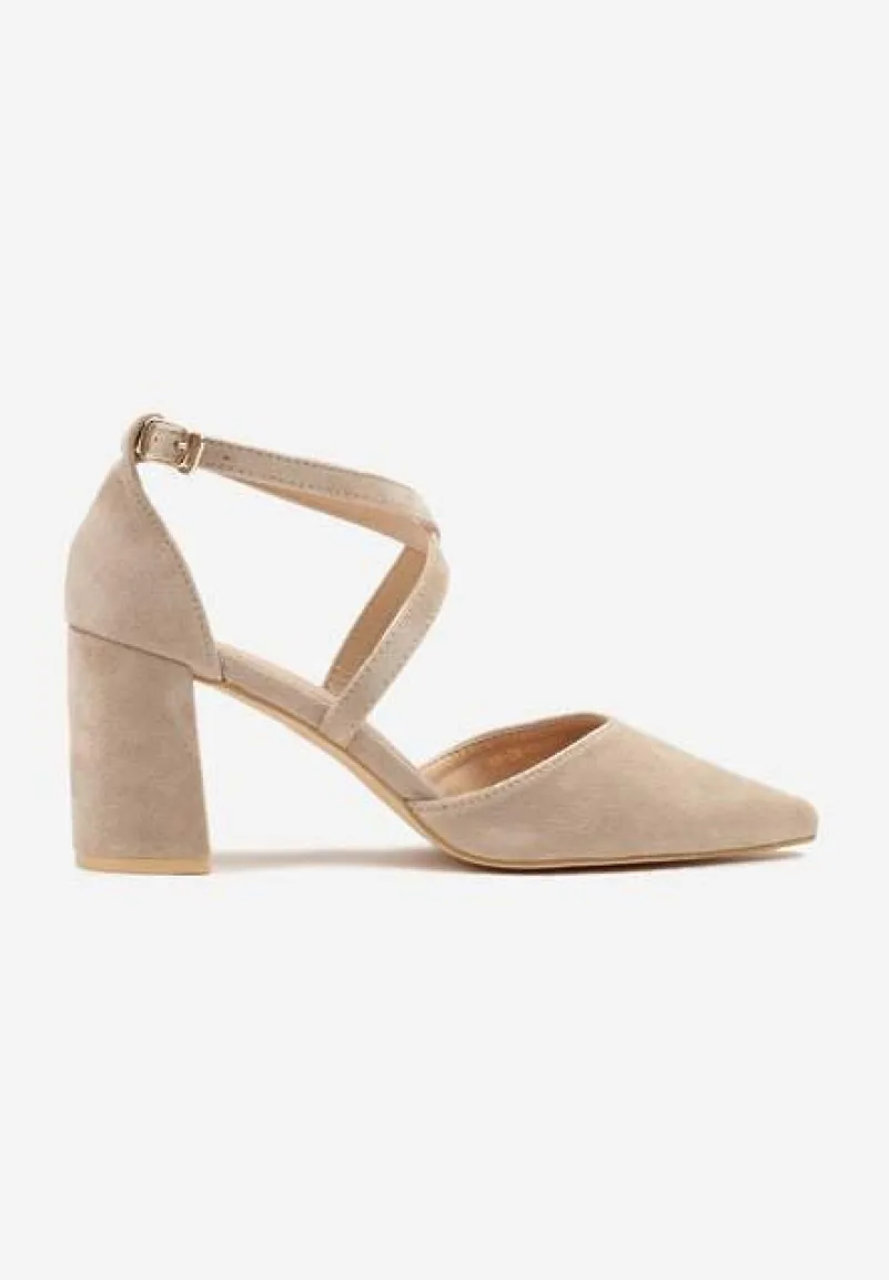 Ciemnobeżowe Czółenka Vices na Słupku ze Skórzaną Wkładką Ozdobione Paskami Learelia