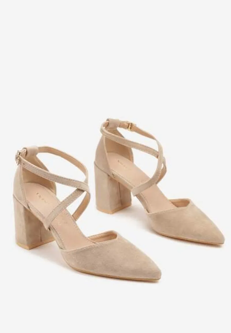 Ciemnobeżowe Czółenka Vices na Słupku ze Skórzaną Wkładką Ozdobione Paskami Learelia