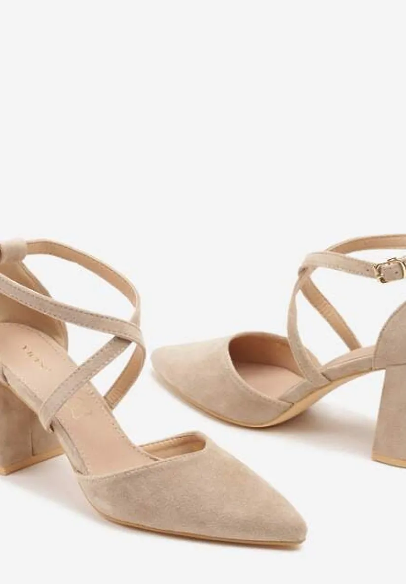 Ciemnobeżowe Czółenka Vices na Słupku ze Skórzaną Wkładką Ozdobione Paskami Learelia