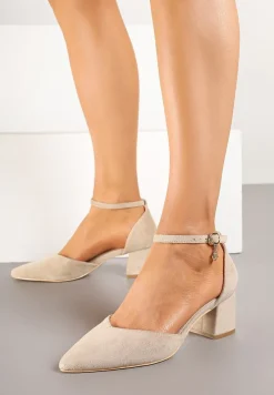 Ciemnobeżowe Czółenka Vices na Słupku ze Skórzaną Wkładką i Ozdobą przy Pasku Lilria