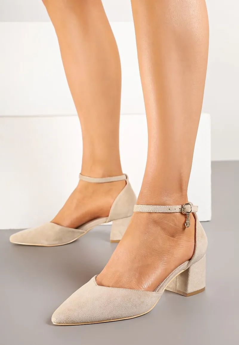 Ciemnobeżowe Czółenka Vices na Słupku ze Skórzaną Wkładką i Ozdobą przy Pasku Lilria