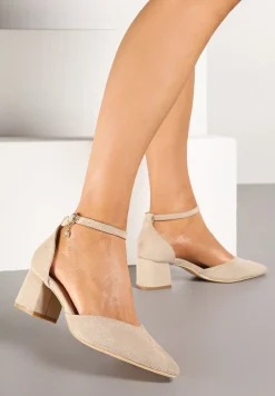 Ciemnobeżowe Czółenka Vices na Słupku ze Skórzaną Wkładką i Ozdobą przy Pasku Lilria