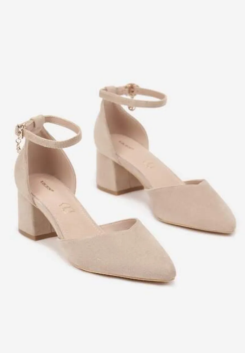 Ciemnobeżowe Czółenka Vices na Słupku ze Skórzaną Wkładką i Ozdobą przy Pasku Lilria