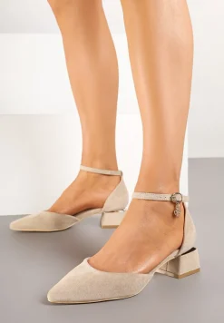 Ciemnobeżowe Czółenka Vices na Słupku z Wkładką ze Skóry Naturalnej i Paskiem Wokół Kostki Zolori