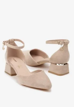 Ciemnobeżowe Czółenka Vices na Słupku z Wkładką ze Skóry Naturalnej i Paskiem Wokół Kostki Zolori