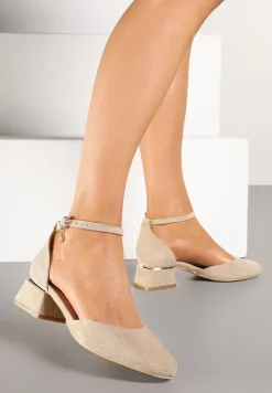 Ciemnobeżowe Czółenka Vices na Słupku z Wkładką ze Skóry Naturalnej i Metaliczną Ozdobą Velori