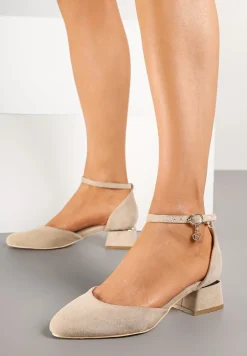 Ciemnobeżowe Czółenka Vices na Słupku z Wkładką ze Skóry Naturalnej i Metaliczną Ozdobą Velori