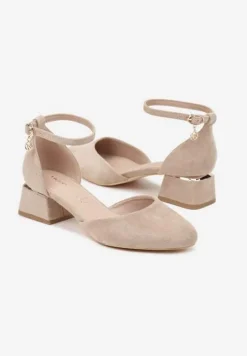 Ciemnobeżowe Czółenka Vices na Słupku z Wkładką ze Skóry Naturalnej i Metaliczną Ozdobą Velori