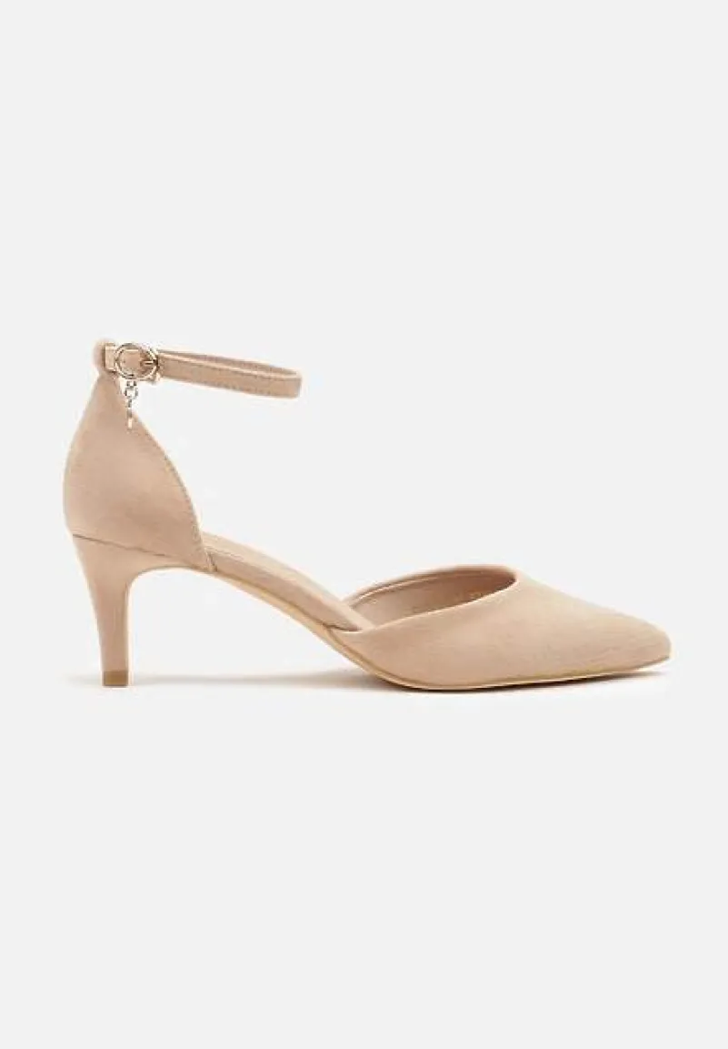 Ciemnobeżowe Czółenka Vices na Szpilce z Wkładką ze Skóry Naturalnej i Ozdobnym Paskiem Selarae