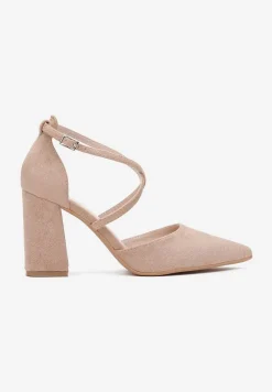 Ciemnobeżowe Czółenka ze Szpiczastym Noskiem na Słupku Charesa