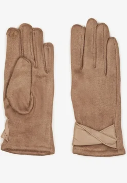 Ciemnobeżowe Eleganckie Rękawiczki z Bawełną i Wywiniętą Aplikacją przy Nadgarstku Sissemi