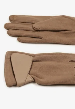 Ciemnobeżowe Eleganckie Rękawiczki z Bawełną i Wywiniętą Aplikacją przy Nadgarstku Sissemi