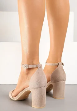 Ciemnobeżowe Eleganckie Sandały Vices z Ekozamszu na Słupkowym Obcasie Soninda