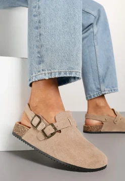 Ciemnobeżowe Klapki z Ekozamszu w Stylu Chodaków z Paskiem przy Pięcie Gonarith