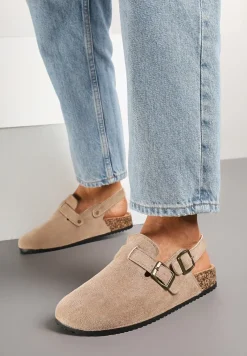 Ciemnobeżowe Klapki z Ekozamszu w Stylu Chodaków z Paskiem przy Pięcie Gonarith