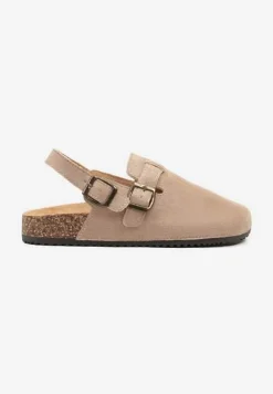 Ciemnobeżowe Klapki z Ekozamszu w Stylu Chodaków z Paskiem przy Pięcie Gonarith