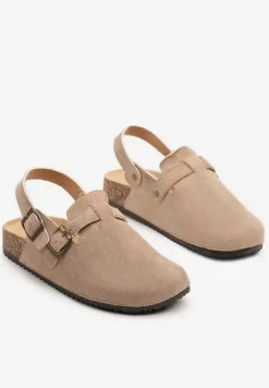 Ciemnobeżowe Klapki z Ekozamszu w Stylu Chodaków z Paskiem przy Pięcie Gonarith