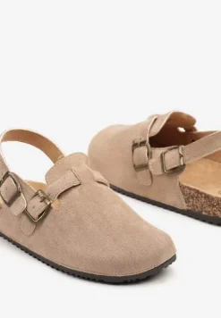 Ciemnobeżowe Klapki z Ekozamszu w Stylu Chodaków z Paskiem przy Pięcie Gonarith