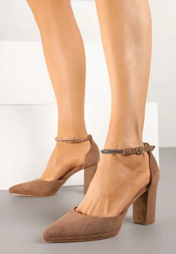 Ciemnobeżowe Klasyczne Czółenka z Ekozamszu na Słupku ze Szpiczastym Noskiem Nusilina