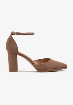 Ciemnobeżowe Klasyczne Czółenka z Ekozamszu na Słupku ze Szpiczastym Noskiem Nusilina