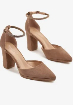 Ciemnobeżowe Klasyczne Czółenka z Ekozamszu na Słupku ze Szpiczastym Noskiem Nusilina