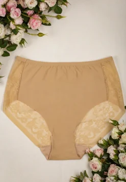 Ciemnobeżowe Majtki z Wysokim Stanem Ozdobione Koronką Chesen