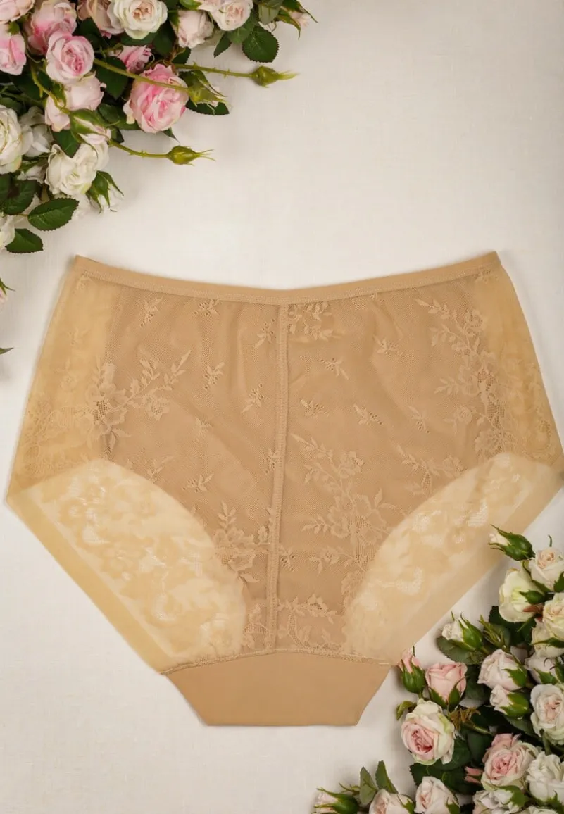 Ciemnobeżowe Majtki z Wysokim Stanem Ozdobione Koronką Chesen