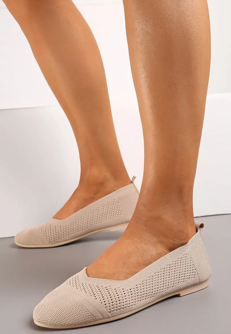 Ciemnobeżowe Płaskie Balerinki z Siateczkowego Materiału Nelibra