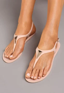 Ciemnobeżowe Płaskie Sandały w Stylu Japonek Zapinane na Sprzączkę z Aplikacją Abirena