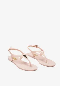 Ciemnobeżowe Płaskie Sandały w Stylu Japonek Zapinane na Sprzączkę z Aplikacją Abirena