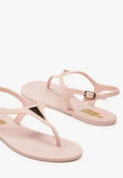 Ciemnobeżowe Płaskie Sandały w Stylu Japonek Zapinane na Sprzączkę z Aplikacją Abirena