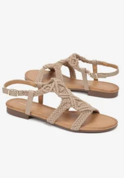 Ciemnobeżowe Płaskie Sandały z Cholewką w Szydełkowym Stylu Ensala