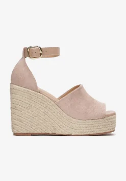 Ciemnobeżowe Plecione Sandały na Koturnie i Platformie Fimieshe